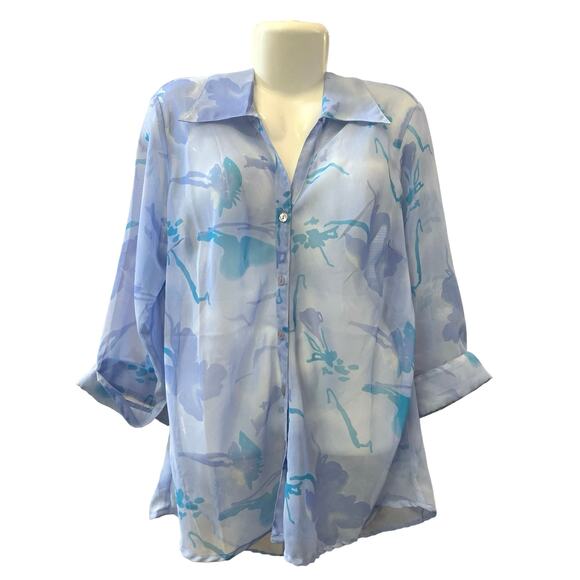 Cassee's Women's Blue Floral Sheer Button-Up Blouse | Size 2X - Picture 7 of 7